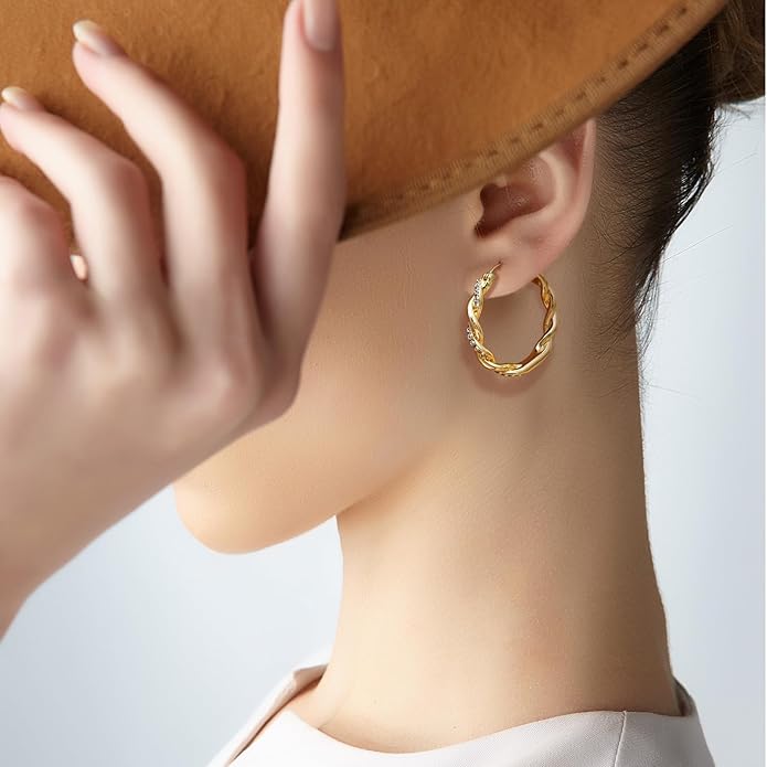 ENROSE Gold Plated Hoop Earrings 14K Gold Plated Earring for Women Twisted Large Hoop Earrings Minimalist Diamond Earring Jewelry 29mm*4mm
