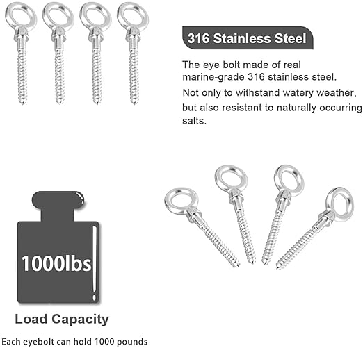 Abimars Eye Bolts by Load Capacity 1000lbs, 4PCS M10 316 Stainless Steel Eye Hooks Screw in Heavy Duty for Hanging Hammocks, Swing Chairs, Heavy-Duty Suspension