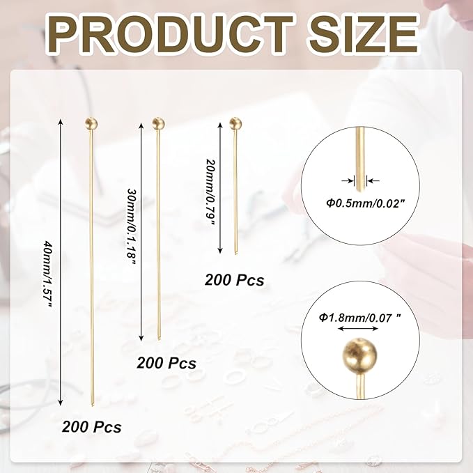 PATIKIL 0.8/1.2/1.6Inch Ball Pins, Jewelry Making Headpins Straight Pins Findings Bendable for DIY Craft Bracelet Necklace Earring Pendant Making Supplies-600Pcs(Light Gold)