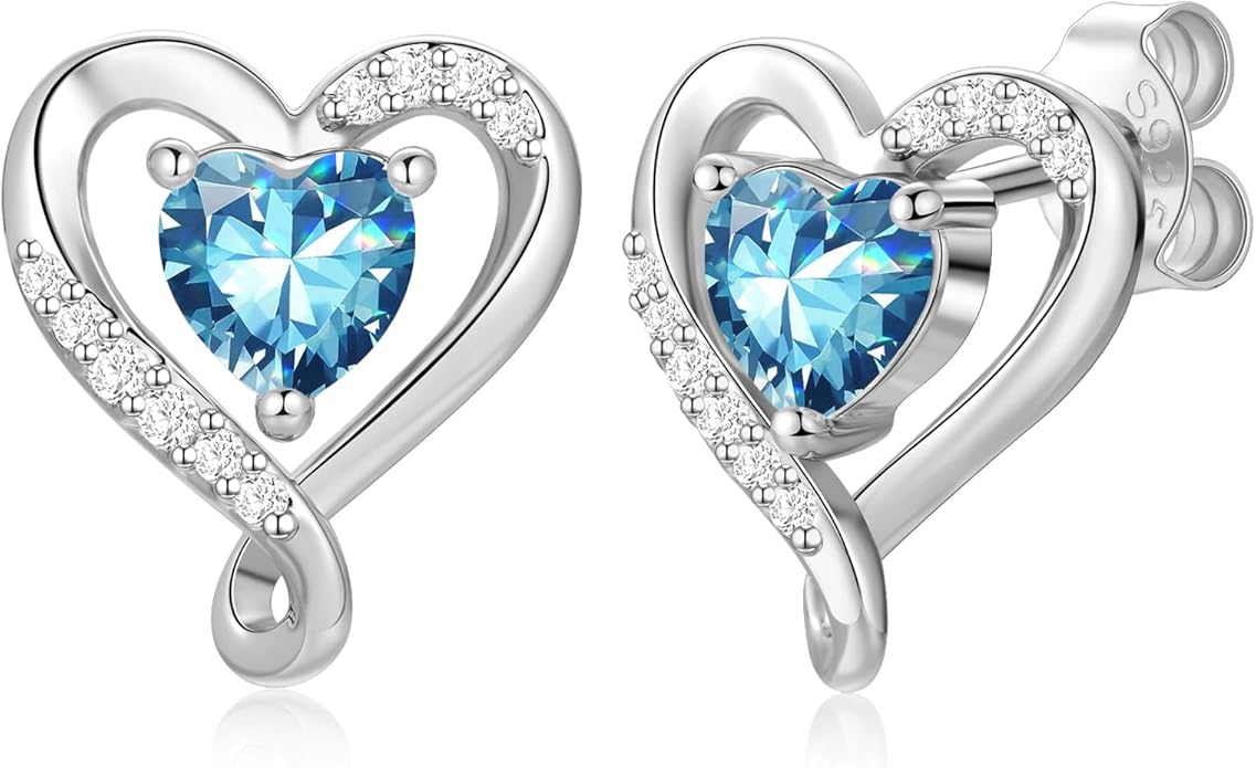 Zifeel Earrings for Women, S925 Sterling Silver Rose Gold Birthstone Heart Studs Earring for Girlfriend Wife, Anniversary Birthday Christmas Valentines Mothers Day Gifts Jewelry for Women Wife Her Mom