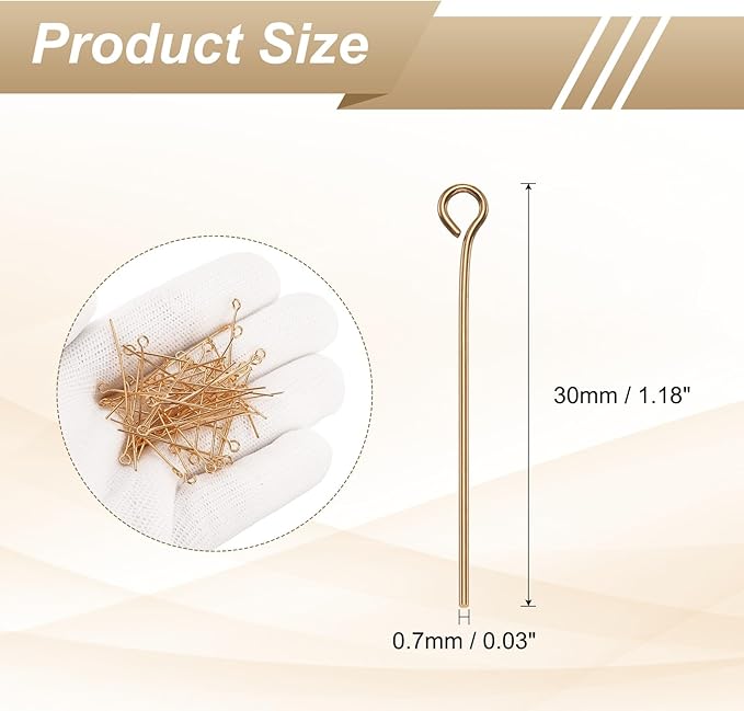 HARFINGTON 100pcs Open Eye Head Pins 1.18" 30mm Mini Metal Wire Eye Pins Beading Small Needles Bulk for Earring Pendant Necklace Bracelet Charm Jewelry Making Findings, Champagne Gold