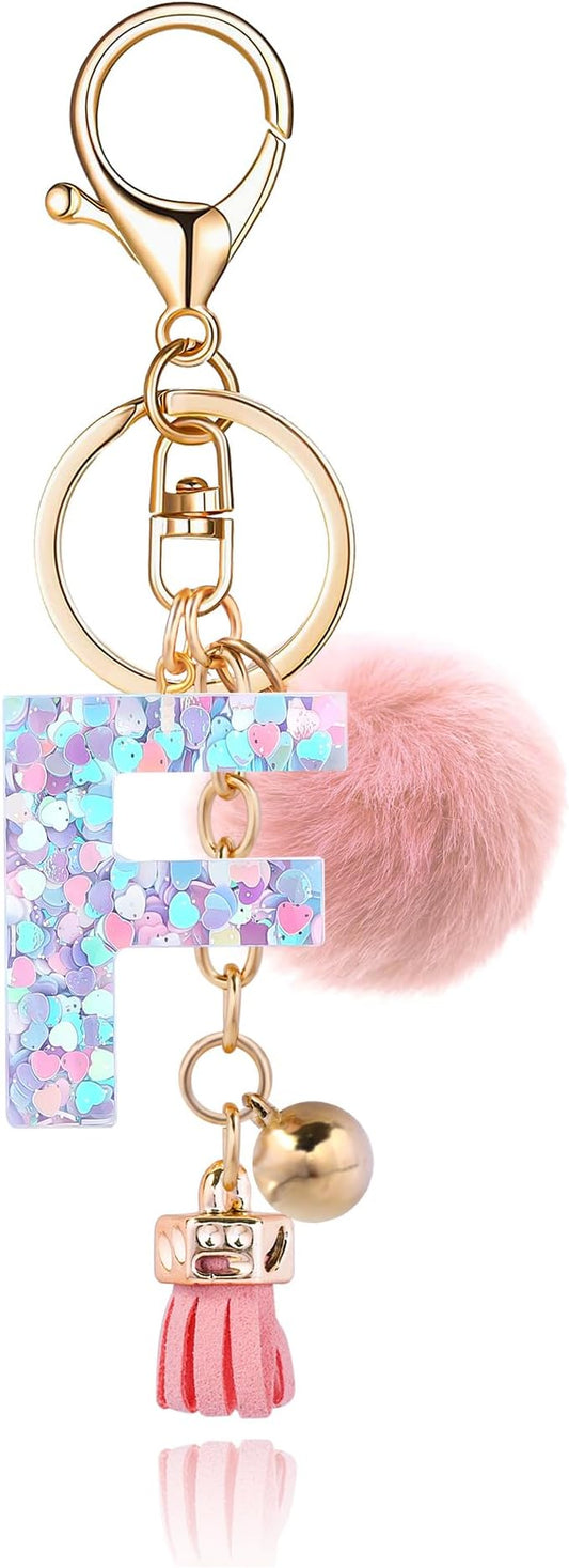 Resin Alphabet Initial Letter Keychain Keyring for Women Purse Handbags With Fur Ball Pom