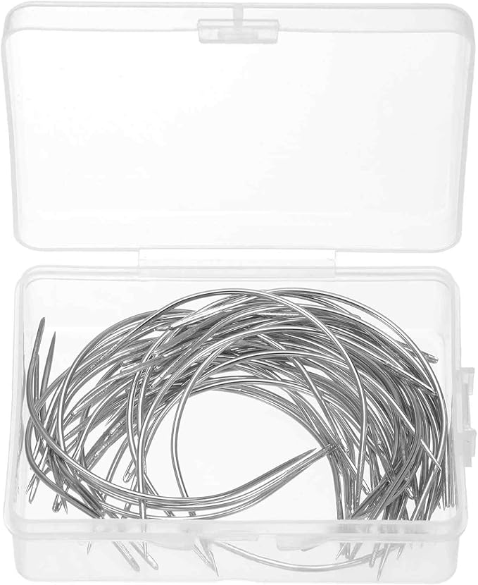 HARFINGTON 50Pcs Curved Needles 4" C Type Weaving Sewing Needles Wig Making Upholstery Big Eye for Carpet Leather Canvas Repairing Blocking Knitting