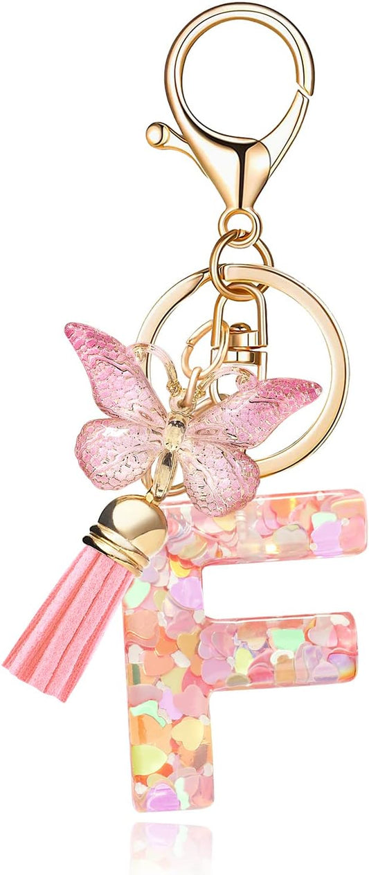 Fashion Alphabet Initial Letter Keychain Tassel Butterfly Pendant Key Ring for Purse Handbags Women Girl