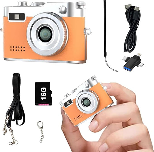 Keychain Retro Camera，Mini Micro Digital Tiny Digital Photo Camera，1080P FHD Tiny Portable Small Cameras Pocket Video Recorder，for Travel Study Recording (Brown-16G)