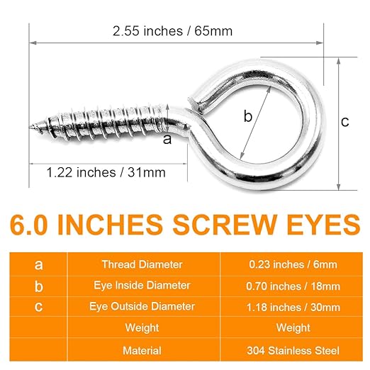 ACCZIO 8 Pack 304 Stainless Steel Eye Screws,2.5 Inch M6 Heavy Duty Eye Hooks Screw, Eye Bolts Screw in Eye Hooks for Wood, Eye Bolts for Secure Cable Wires, Indoor & Outdoor Use