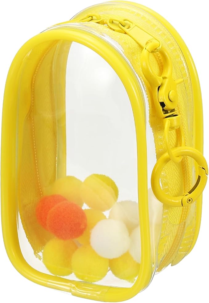 uxcell 4 Inch Clear Figure Display Bag, Mini Clear Pouch Waterproof Coin Pouch with Keychain and Pom Poms for Blind Box Doll Display (Oval, Yellow)