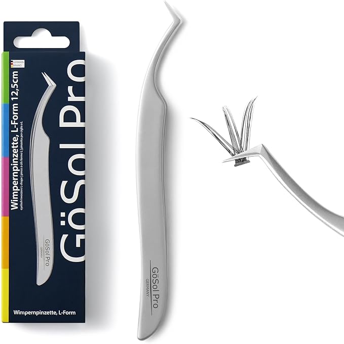 GöSol Pro Lash Tweezers for Eyelash Extensions, Professional Expert Eyelash L-shape Tweezers for High Precision Pick/Fan/Wiggle/Apply; 420 Stainless Steel Lash Tweezer for Volume & Classic Lashes