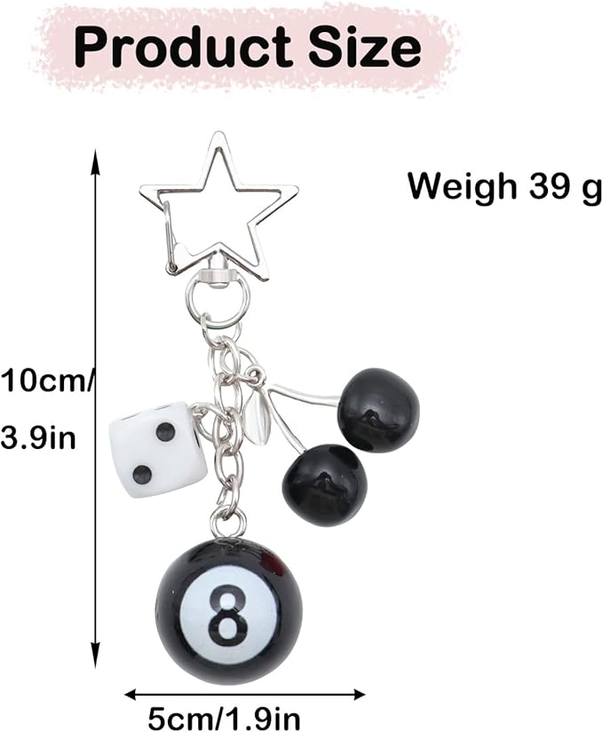 8 Ball Dice Keychain, Y2k Dice Purse Bag Charm with Cherry Star Heart Handbag Accessories for Women Men