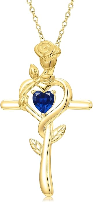 Midari 18K Yellow Gold Cross Pendant Rose Birthstone Necklaces for Women Christian Cross Jewelry with 12 Months Birthstone Birthday Gifts for Wife Her Daughter Mom