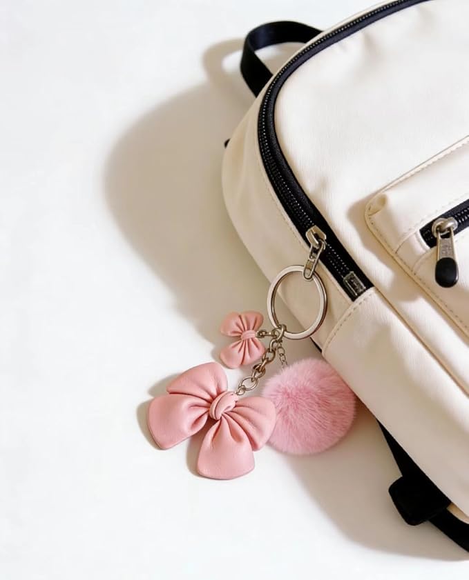 2 Pcs Cute Plush Keychain Artificial Fur Ball Keychains Fluffy Pendant Car Bag Charm, Pink Bow Pom Pom Keychain Soft Lovely Backpack Keyring for Women's Keyrings & Keychains