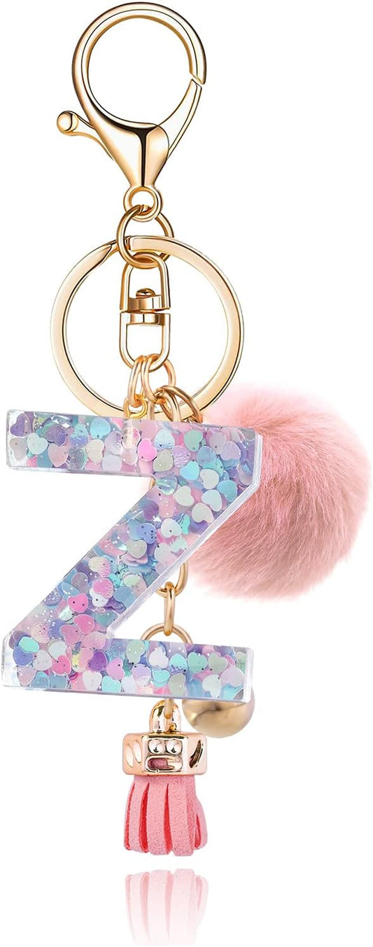 Resin Alphabet Initial Letter Keychain Keyring for Women Purse Handbags With Fur Ball Pom
