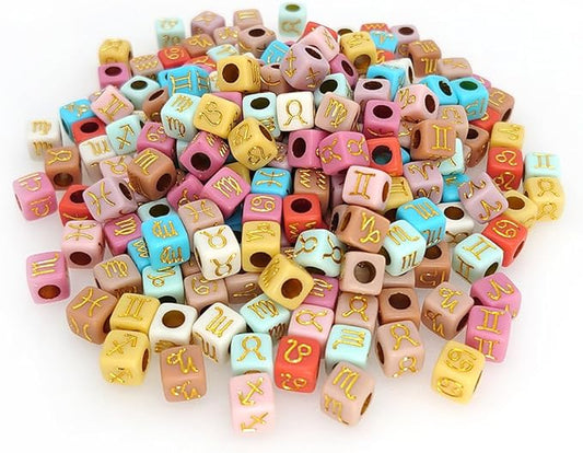 200+ Pieces 7x7mm Colorful Gold Cube Acrylic Alphabet Zodiac Charms Constellation Beads Mixed Plastic Shape Loose Beads forJewelry Making Bracelets Necklaces Key Chains (Gold on Colorful)