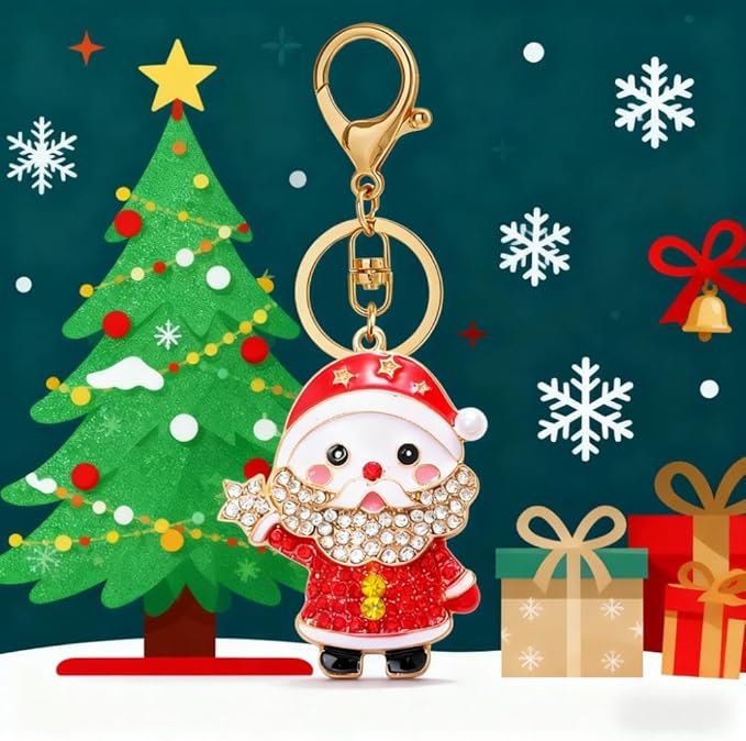 Dreuyet Christmas Keychain Rhinestone Crystal Christmas Tree Santa Purse Bag Handbags Charms for Women Lady Friends