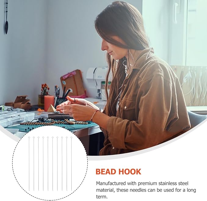 EXCEART Beading Tool Kit 10 Pcs Fine Thin Stainless Steel Big Eye Hook Needles for Jewelry DIY Bead Supplies and Seed Beads Crafts