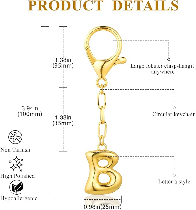 VICKHU Gold Plated Bubble Initial Letter Cute Keychain for Women Car Key Purse Decorative Keyring Handbag Charms Fashion