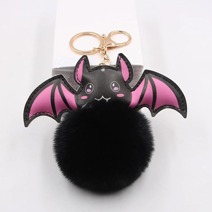 Cute Pom Pom Keychain Plush Leather Bat Keychain Halloween Bag Charms Purse Charms for Handbags Gifts for Women