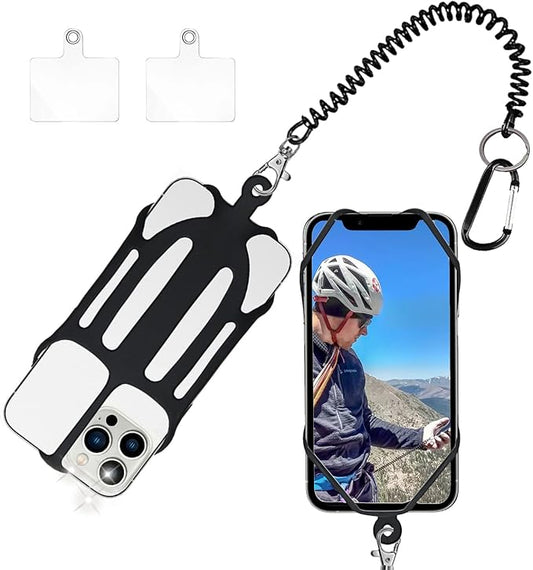 Phone Tether with 2 Patch and Silicone Phone Holder,2 in 1 iPhone Lanyard Tether with Carabiner Clip for Anti-Drop,Fits Most Cell Phones (Black)
