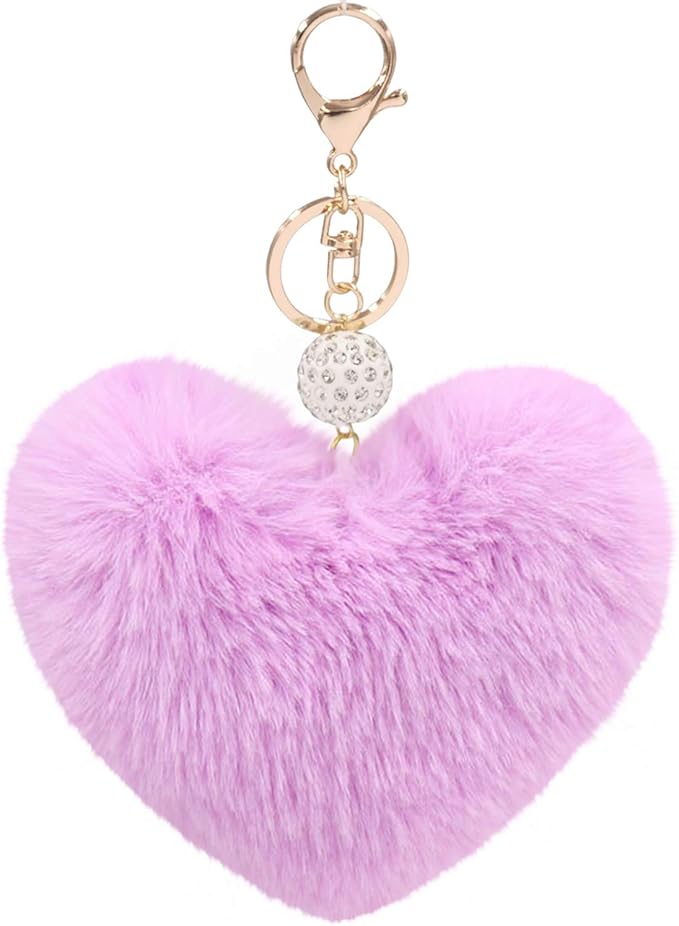 Women's Heart Faux Fur Pom Pom Key Chains Bag Accessory Puffball Keyring Backpack Charms for Girls