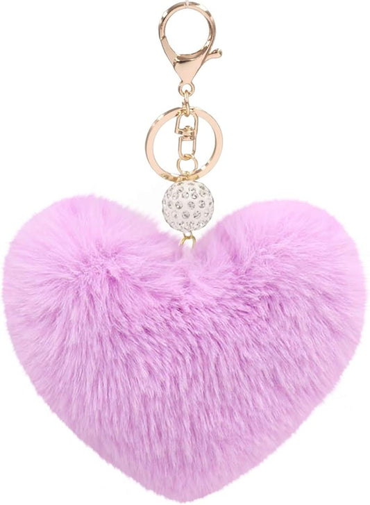 Women's Heart Faux Fur Pom Pom Key Chains Bag Accessory Puffball Keyring Backpack Charms for Girls
