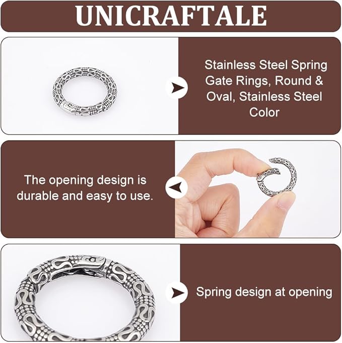 UNICRAFTALE 2pcs Tibetan Style Spring Gate Rings Antique Silver Stainless Steel Textured Snap Clasps 22mm O Ring Clips Snap Hooks Spring Keyring Buckle for Bag Purse Shoulder Strap Key Chains