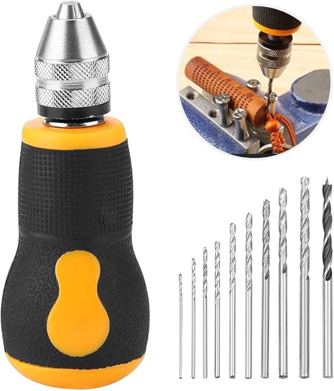 Micro Mini Hand Drill Tool, Portable Tool Set Small Hand Drill & 10 pcs Twist Drill Bits 0.8-3.0mm Precision Pin Vise Woodworking Hand Drill for Model Jewelry Walnut Amber Beeswax