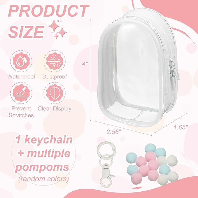 uxcell 4 Inch Clear Figure Display Bag, Mini Clear Pouch Waterproof Coin Pouch with Keychain and Pom Poms for Blind Box Doll Display (Oval, White)