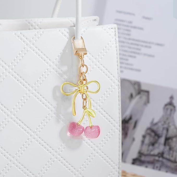 Tiny Cherry Keychain Cute Red Black Pink Cherry Key Chain for Women Glitter Small Bag Charms Car Keys Accessories