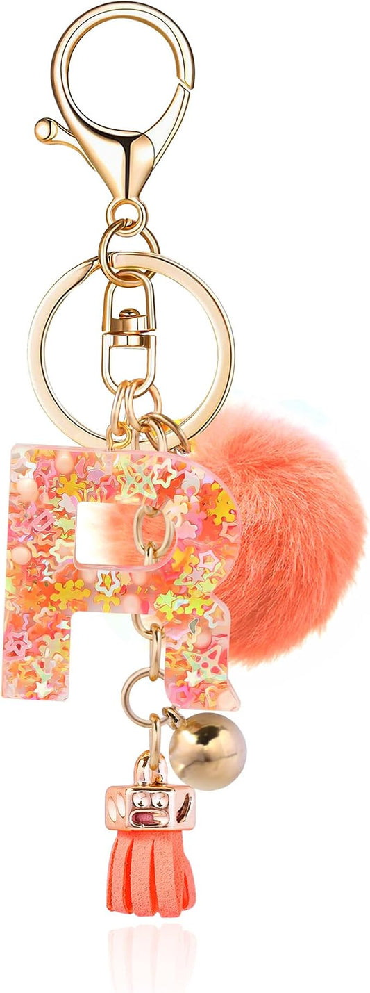Resin Alphabet Initial Letter Keychain Keyring for Women Purse Handbags With Fur Ball Pom