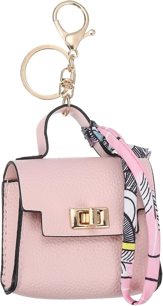 PATIKIL Mini Backpack Keychain, Cute Coin Purse Keychain PU Leather Backpack Purse Key Chain Little Earbud Bag Keychains for Women Mini Card Data Cable Organizer, Pink
