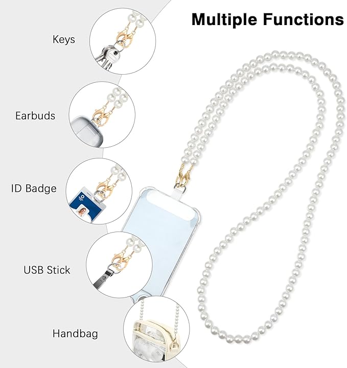 MoKo Universal Phone Lanyard, Pearl Beaded Cell Phone Chain Crossbody Strap Anti-Theft Detachable Women Cellphone Lanyards Around The Neck with Patches for iPhone, Most Smartphones - White