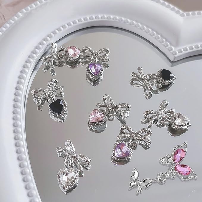 12Pcs Rhinestones Heart Pendant Bow Nail Charms Y2K Alloy Silver Buttefly Tassels Crystals Butterfly Charms for Nails Design Luxury Bows for Nails Charms 3D Butterflies Nail Charm Nail Art Supplies