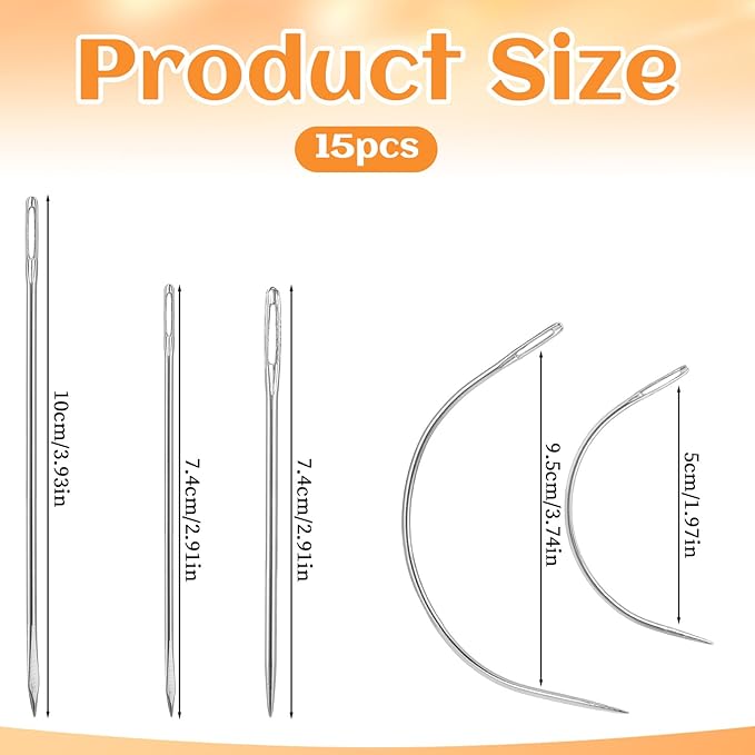 Curved Sewing Needles, 15PCS Leather Needles for Hand Stitching Leathers Hand Sew Needle Leather Sewing Kit Heavy Duty Hands Needle Kit for Upholstery Leathers Canvas Car Carpet Repair
