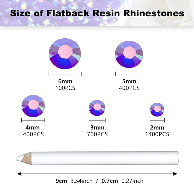 3000PCS Resin Flatback Rhinestone, 2mm 3mm 4mm 5mm 6mm Light Purple/Violet AB Jelly Rhinestones for Mugs, Bottles, Tumblers, Craft, Mixed 5 Sizes, Loose Bling Glitter Diamond Stone