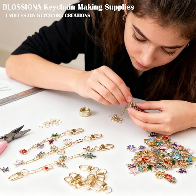 BLOSSIONA 223pcs Lip Gloss Keychain Making Kit DIY Keychain Making Supplies for Crafting 100 Enamel Charms 1 Meter Extender Gold Chain 20 Keychains Clips 100 Jump Rings Key Chain Making Kit