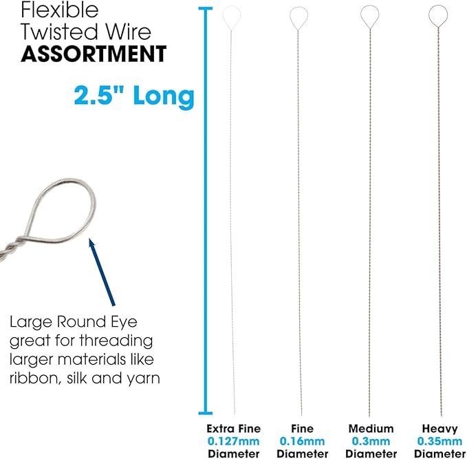 The Beadsmith Basic Elements Twisted Wire Needles – 4-Piece Assorted Sizes – Flexible Beading Needles – Large Round Collapsible Eye – Easy to Thread – Use for Pearl Knotting and Silk Cord