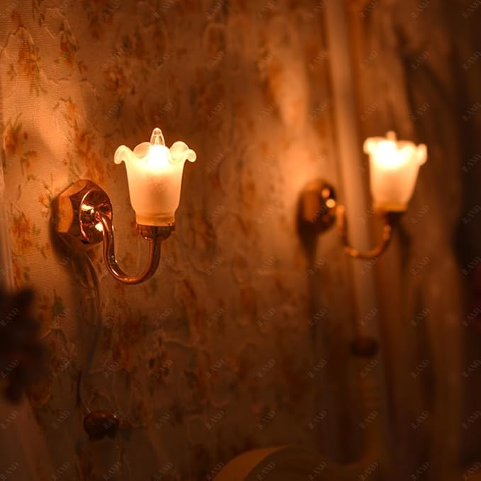 iLAND 1/12 Scale Accessories of Dollhouse Lights, Classic Miniature Lamp for Dollhouse Decoration, Pretty Glass Floral Wall Light w/Plug