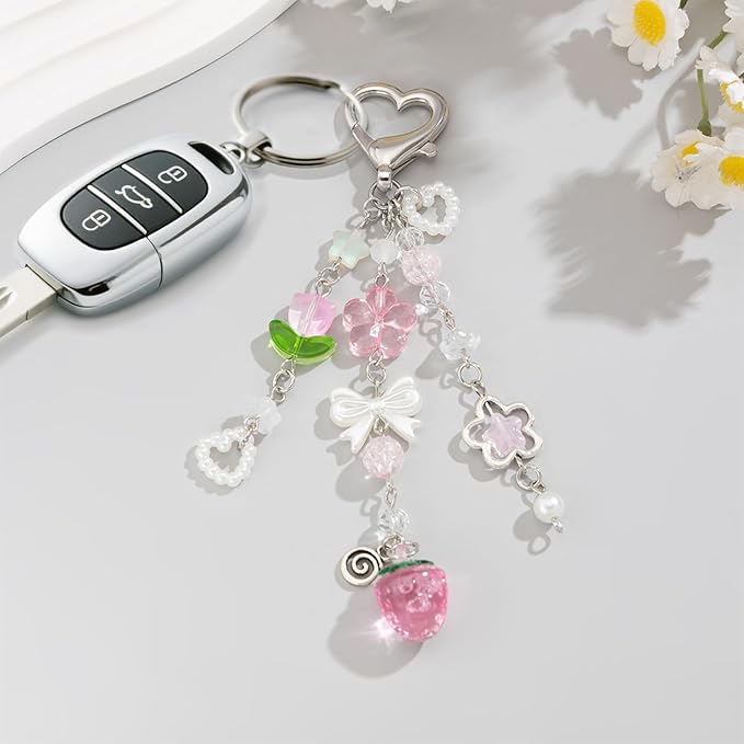 Angyape Cute Pink Strawberry Keychain Y2K Keychain Bow Flower Heart Pendant Bag Charms Kawaii Aesthetic Accessories for Women