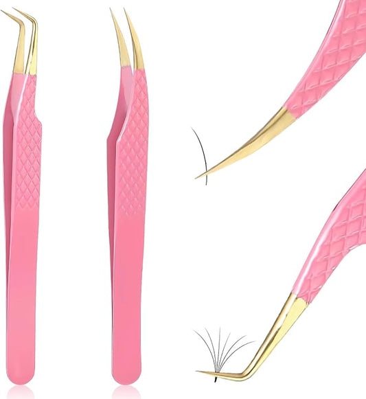 2PCS Professional Lash Tweezers Set, Bent & Straight Tip Precision Eyelash Extension Tweezers for False Lashes, Non-Slip Grip
