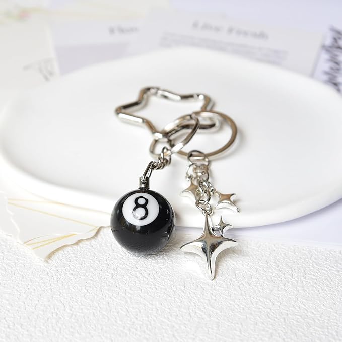 8 Ball Keychain Silver Star Key Chain Bottle Opener Dice Cute Bag Charm Decor for Handbag Backpack Gift for Him Her