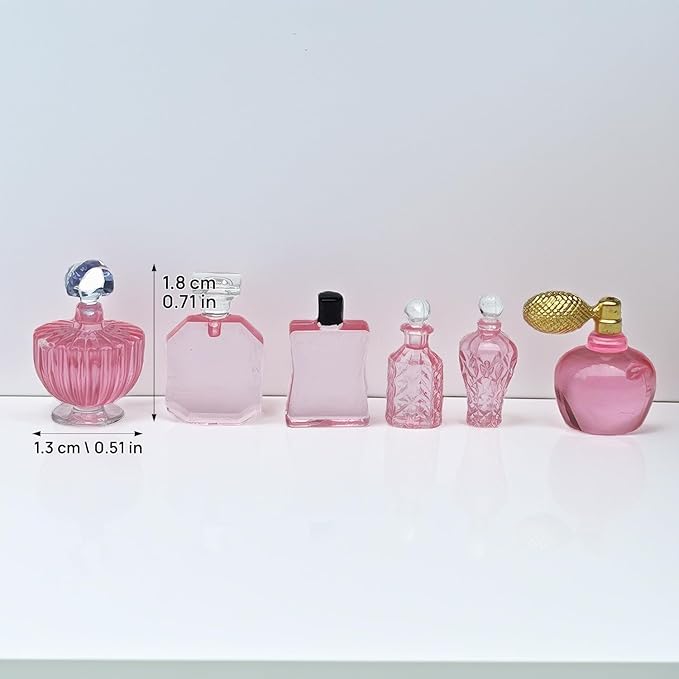 6-Piece Miniature Cosmetic Set – 1:12 Scale Realistic Pink Perfume Bottles for Dollhouse Bathroom, Vanity, Beauty & Spa Theme, DIY Micro Scene, Fairy Garden, Craft Display & Collector Decoration（ B ）