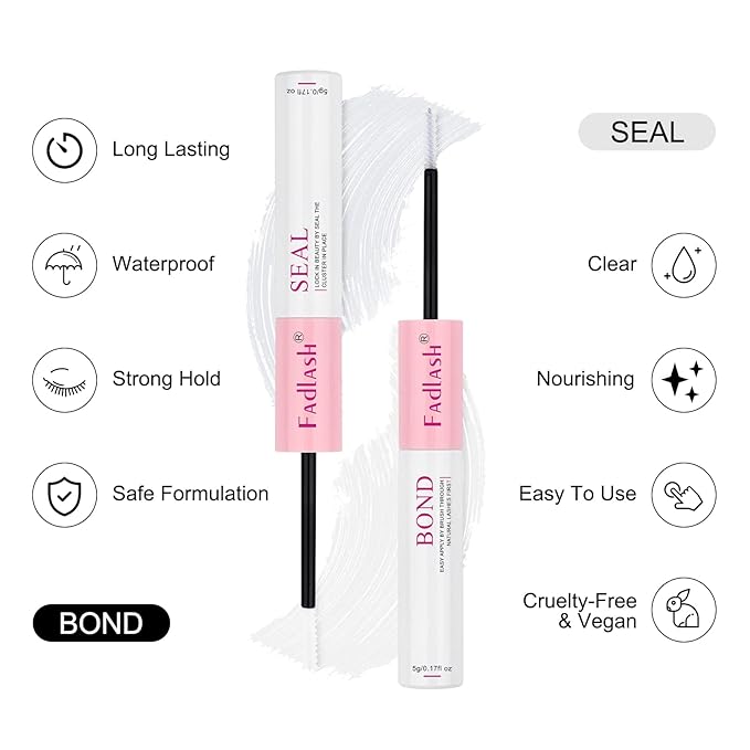 FADLASH Lash Bond and Seal Kit 2 Pcs Bond and Seal Lash Glue for Eyelash Clusters Waterproof Lash Clusters Glue Stong Hold Clear Long Lasting (10ml)