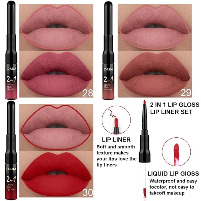 evpct 3Pcs Mauve Neutral Light Rosey Nude Blue Red Matte Liquid Lipstick and Lip Liner Stain Sets for Women, Long Lasting 24 Hours Matte Lipstick labiales matte larga duracion 24 mate originales