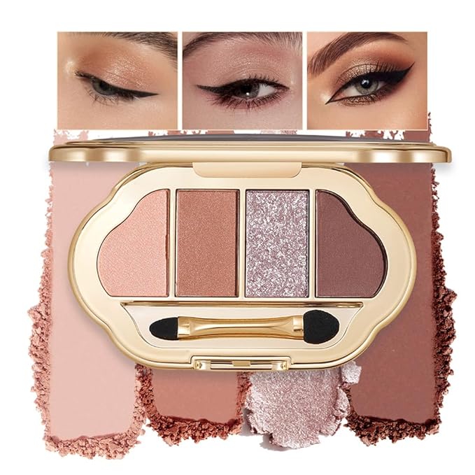 Eyeshadow Palette 4 Colors, Rose Nude Pink Brown Matte Shimmer Eyeshadow, Highly Pigmented Blendable Long-Lasting Eye Shadow, Soft Silky No Fallout Daily Natural Glam Makeup, Makeup Gift for Women-B1