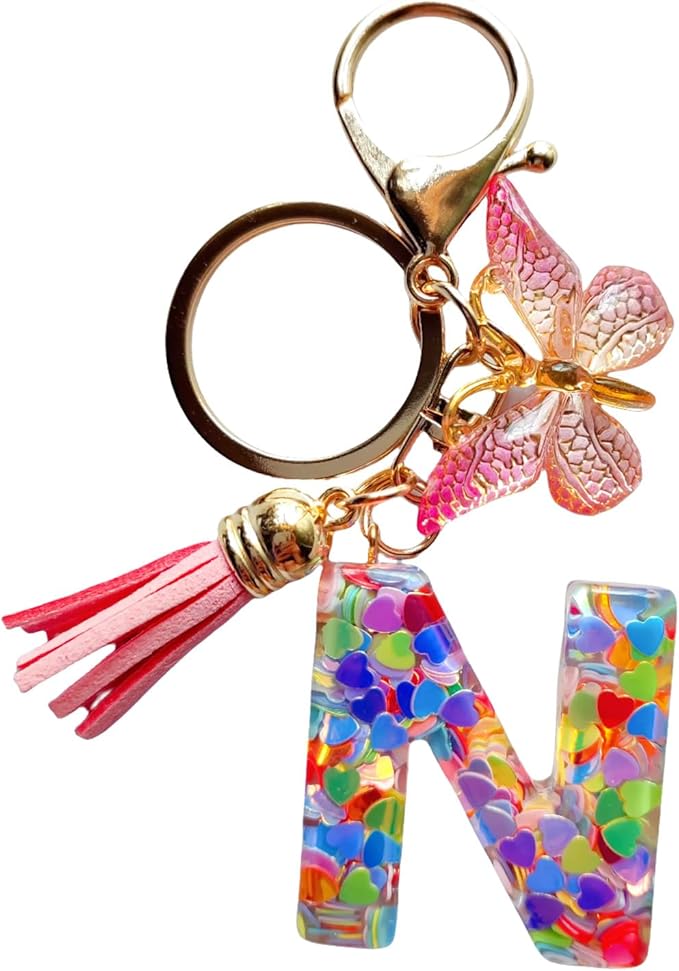 Cute Initial Letter Keychains for Women Girls Tassel Butterfly Pink Purple Green Keychain for Backpack School Bag