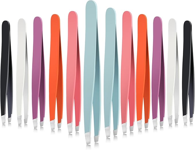 Mudder 12 Pcs Eyebrow Tweezers Set for Facial Hair Stainless Steel Slanted Tip Tweezers in Bulk for Men and Women (Multicolor)