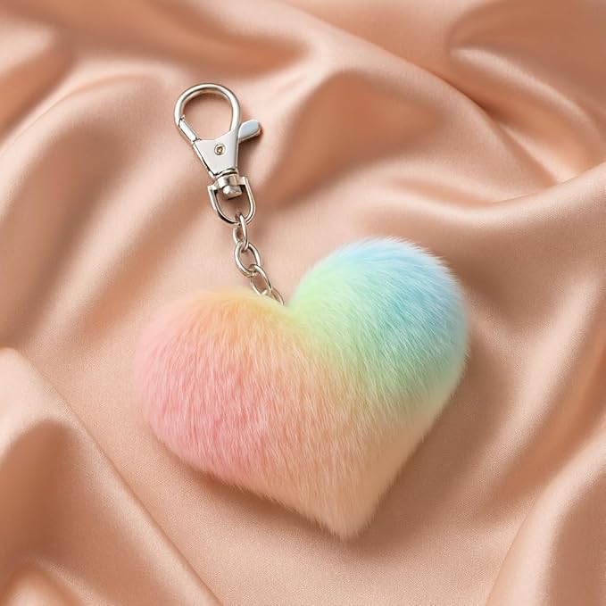 Heart Keychain – Fluffy Rainbow Heart Keychains Bag Charms for Women with Pink Orange Yellow Green Blue Gradient Plush and Soft Touch, Cute Key Chains Gifts for Rainbow Lovers