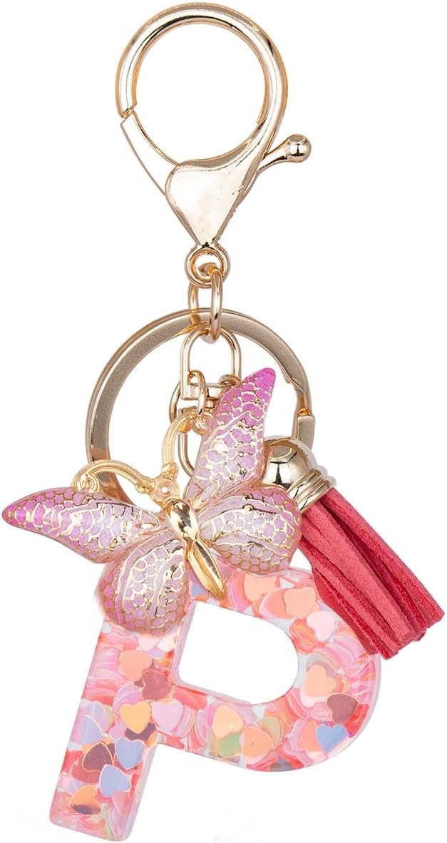 Initial Keychain Cute Pink Resin Letter and Butterfly Charms Keychains for Backpack Purses