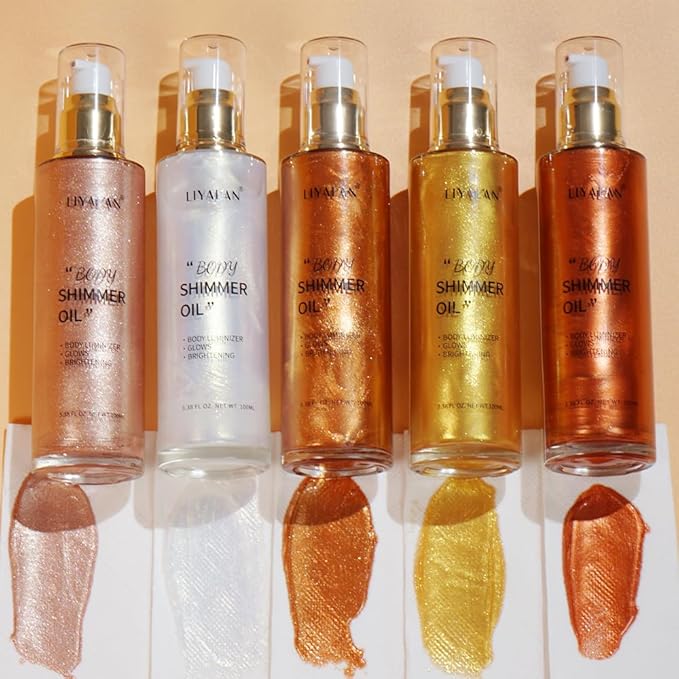Liyalan Shimmer Body Oil Pearl White 5 Color Bronze Face Brighten Glow Highlighter Illuminator Body Makeup Shine Glitter Gold Liquid Taning (2.8 Fl Oz)