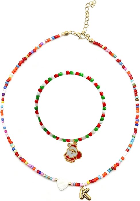I IHAYNER Colorful Beaded Initial Necklace and Bracelet Set for Girls Personalized Letter Jewelry Gifts Trendy Choker Necklace Matching Bracelet Birthday Friendship Gift